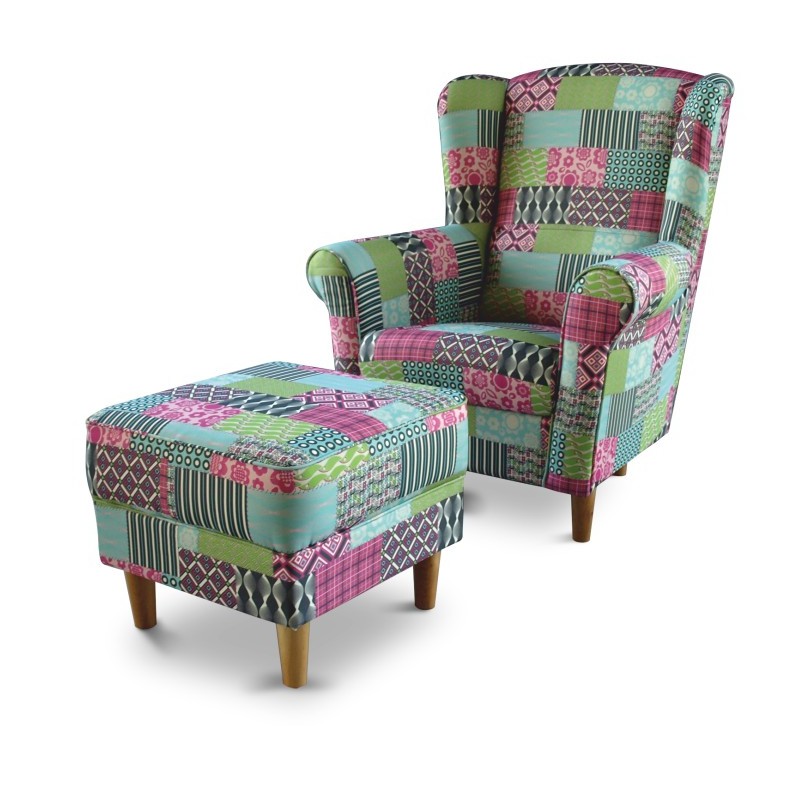 Kreslo ASTRID + taburetka,látka:patchwork  M1
